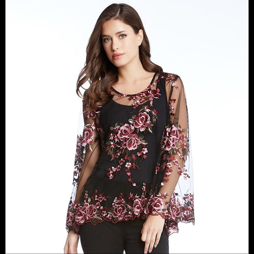 Karen Kane Black Floral Embroidered Blouse